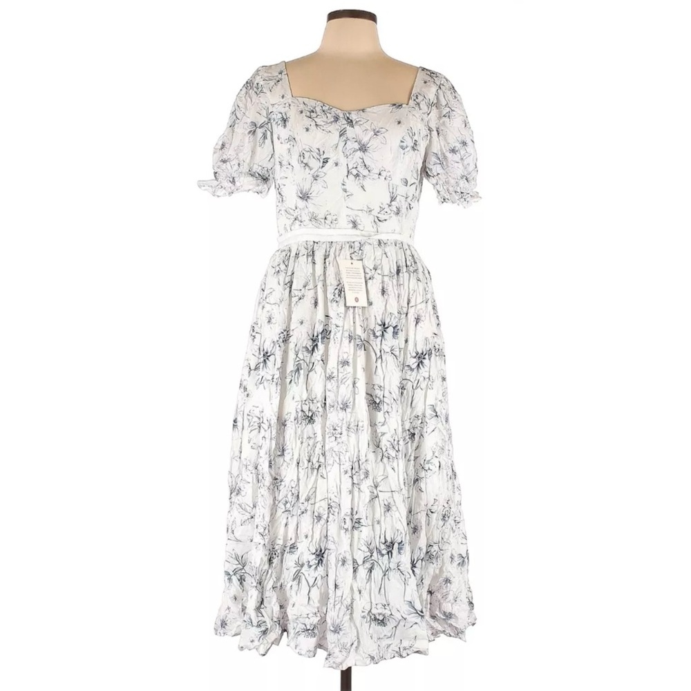 Ivy City Co. | White & Blue Ballerina Midi Floral Fit & Flare Dress